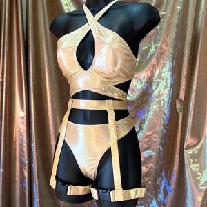 Small Gold Metallic Halter Crop Top High Waist Garter Festival Rave Outfit Set